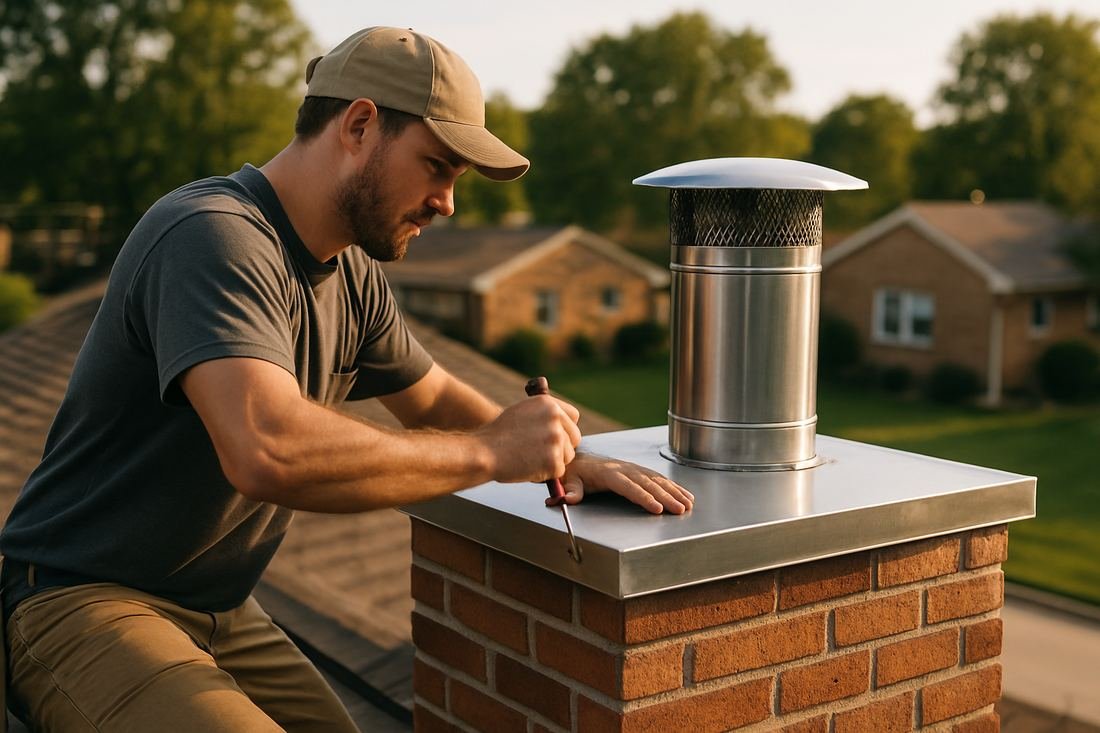 ASH Chimney technician performing cap & damper installation work on a Cleveland, OH home