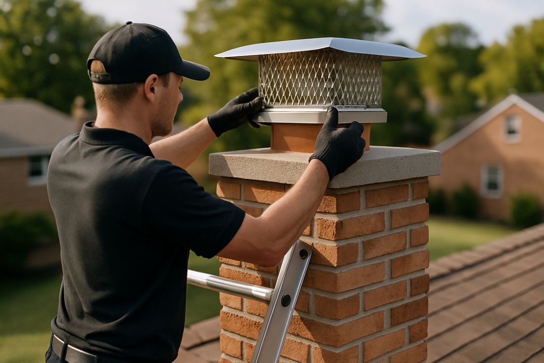 ASH Chimney technician performing cap & damper installation work on a Cleveland, OH home
