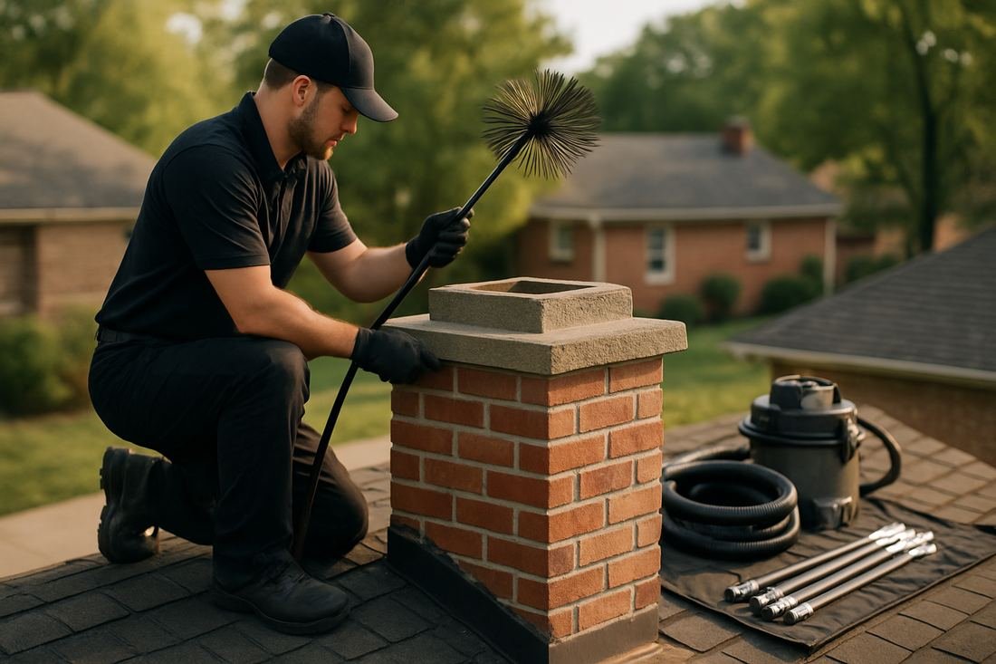 ASH Chimney technician performing cleaning & sweeping work on a Cleveland, OH home