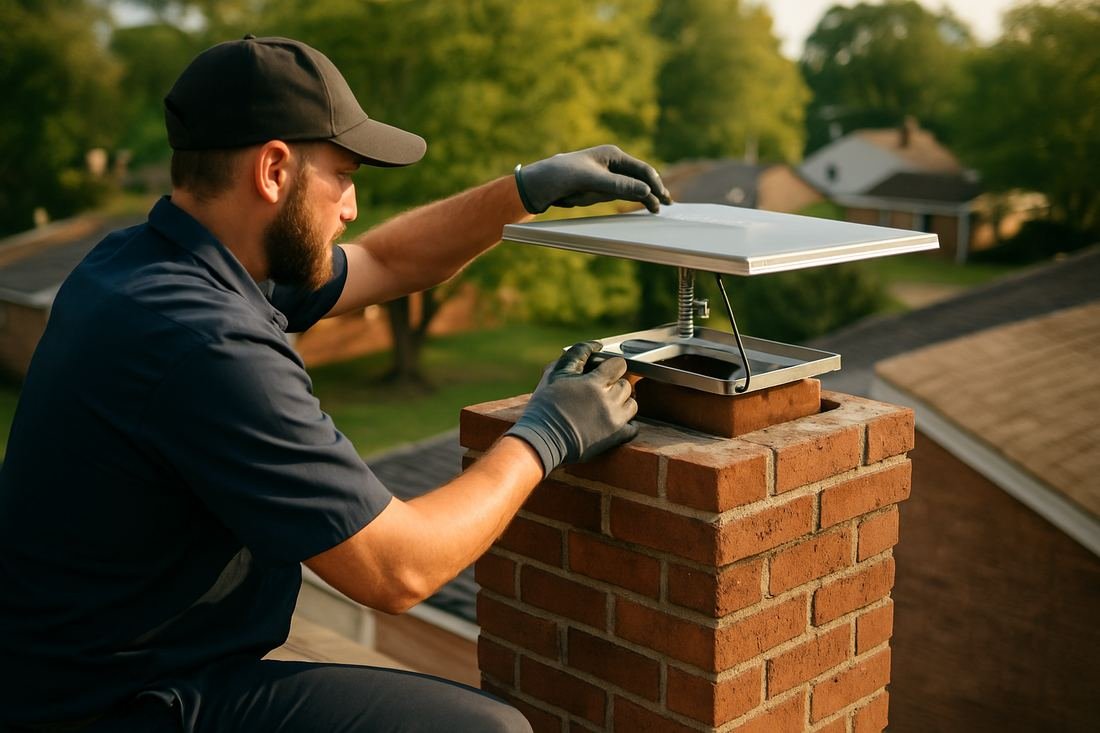 ASH Chimney technician performing cap & damper installation work on a Cleveland, OH home
