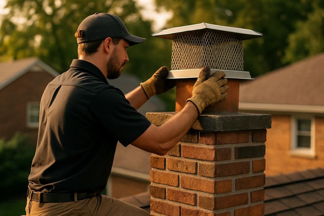 ASH Chimney technician performing cap & damper installation work on a Cleveland, OH home